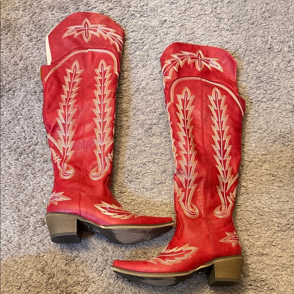 Shoes - Red Embroidered Western Knee-High Cowboy Boots